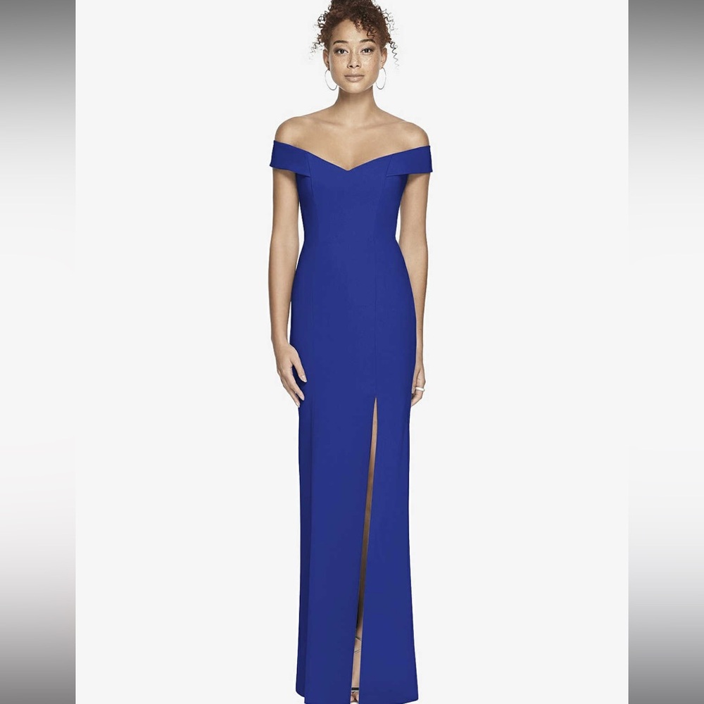 OFF-THE-SHOULDER CRISS CROSS BACK TRUMPET GOWN IN COBALT BLUE